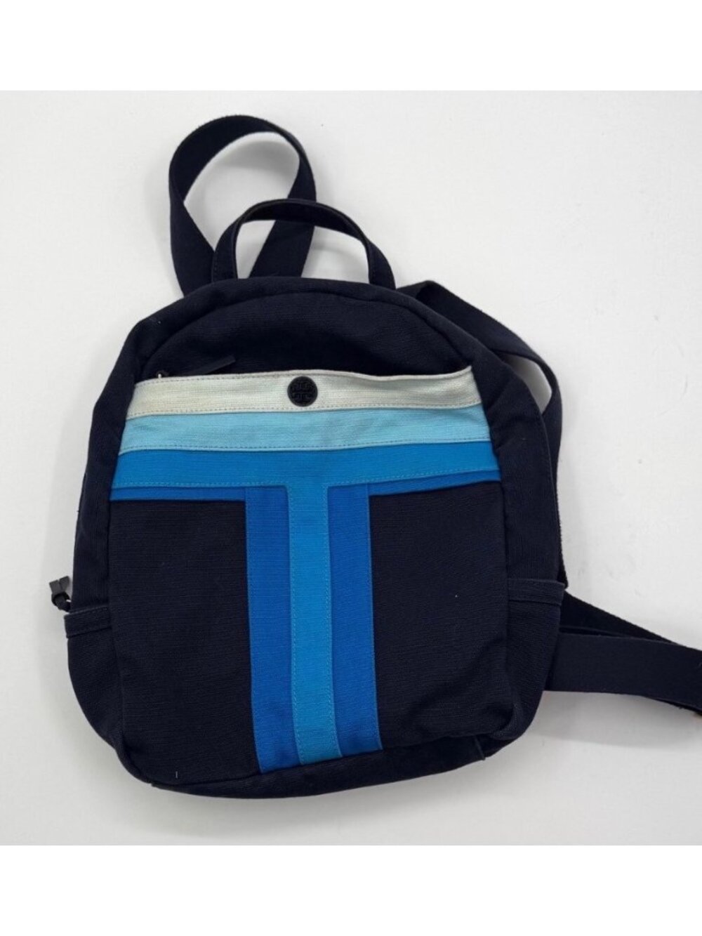 Tory Burch Mini Backpack With Blue Stripe Design & Adjustable Straps